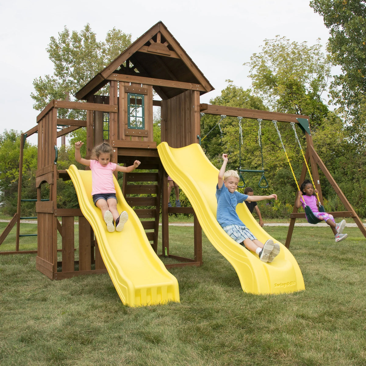 Wooden Backyard Swing Set with Two Yellow Wave Slides J4372