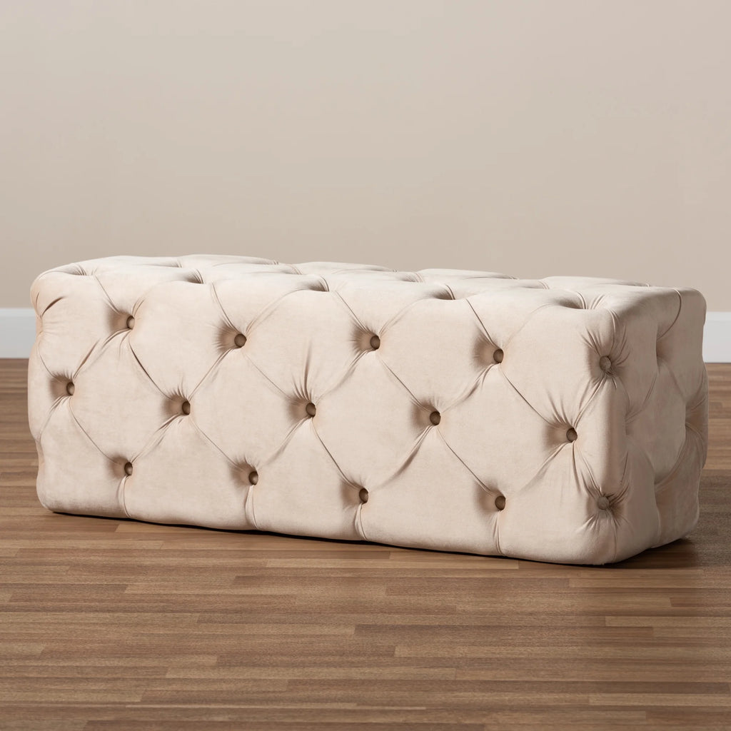 Beige Velvet Button Tufted Bench Ottoman Y2496