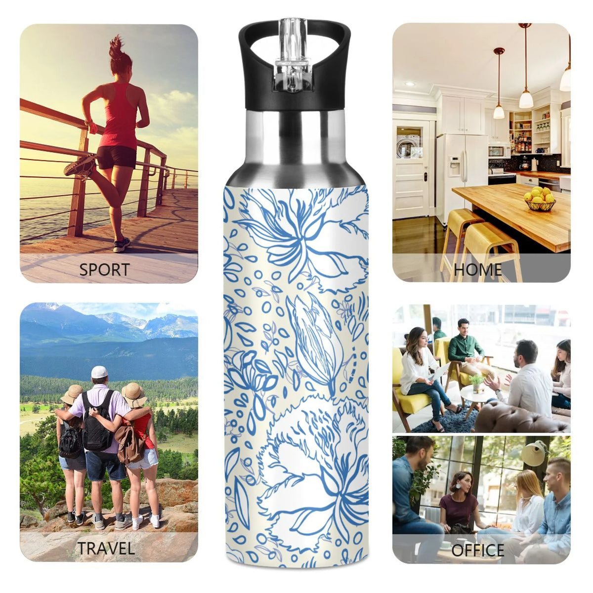 Retro Blue Floral Bouquet Stainless Steel Insulated Flask P2644