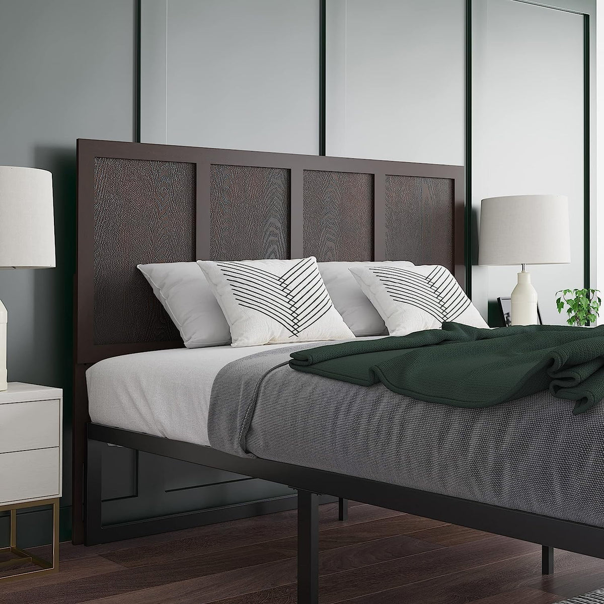Queen Size Four Panel Wooden Adjustable Headboard Dark Brown S62519