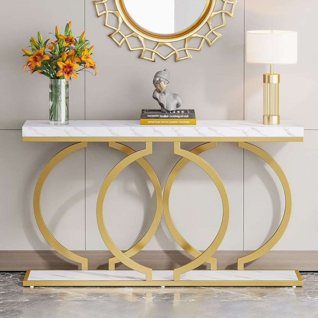 White & Gold Faux Marble Console Sofa Table J69760