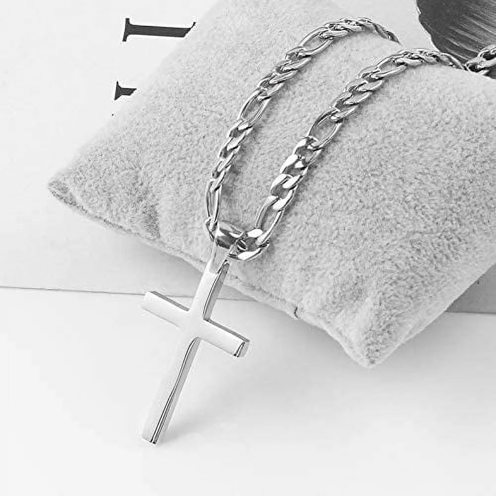 14K White Gold Figaro Cross with 4mm Cuban Link Chain K519094