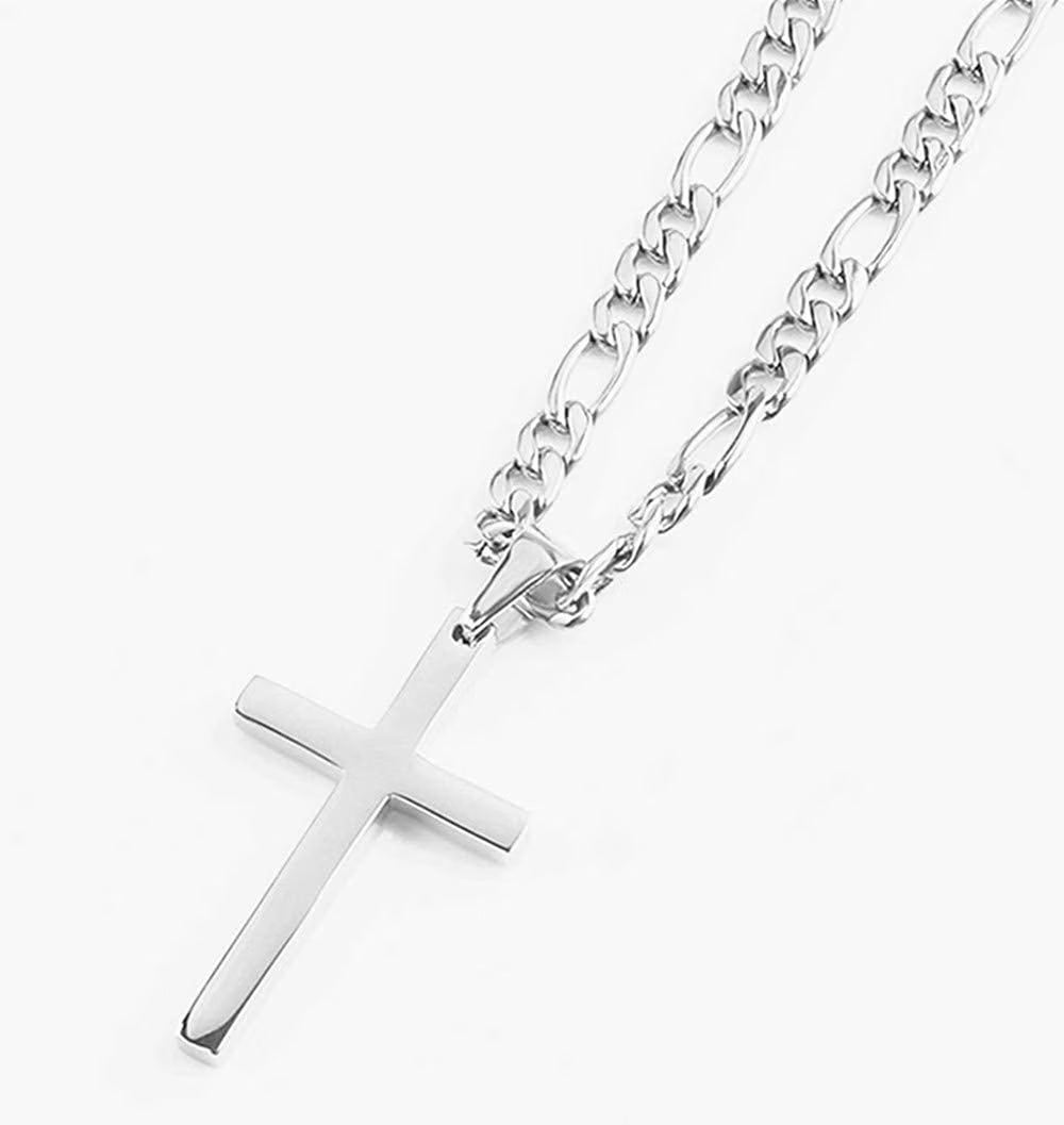 14K White Gold Figaro Cross with 4mm Cuban Link Chain K519094