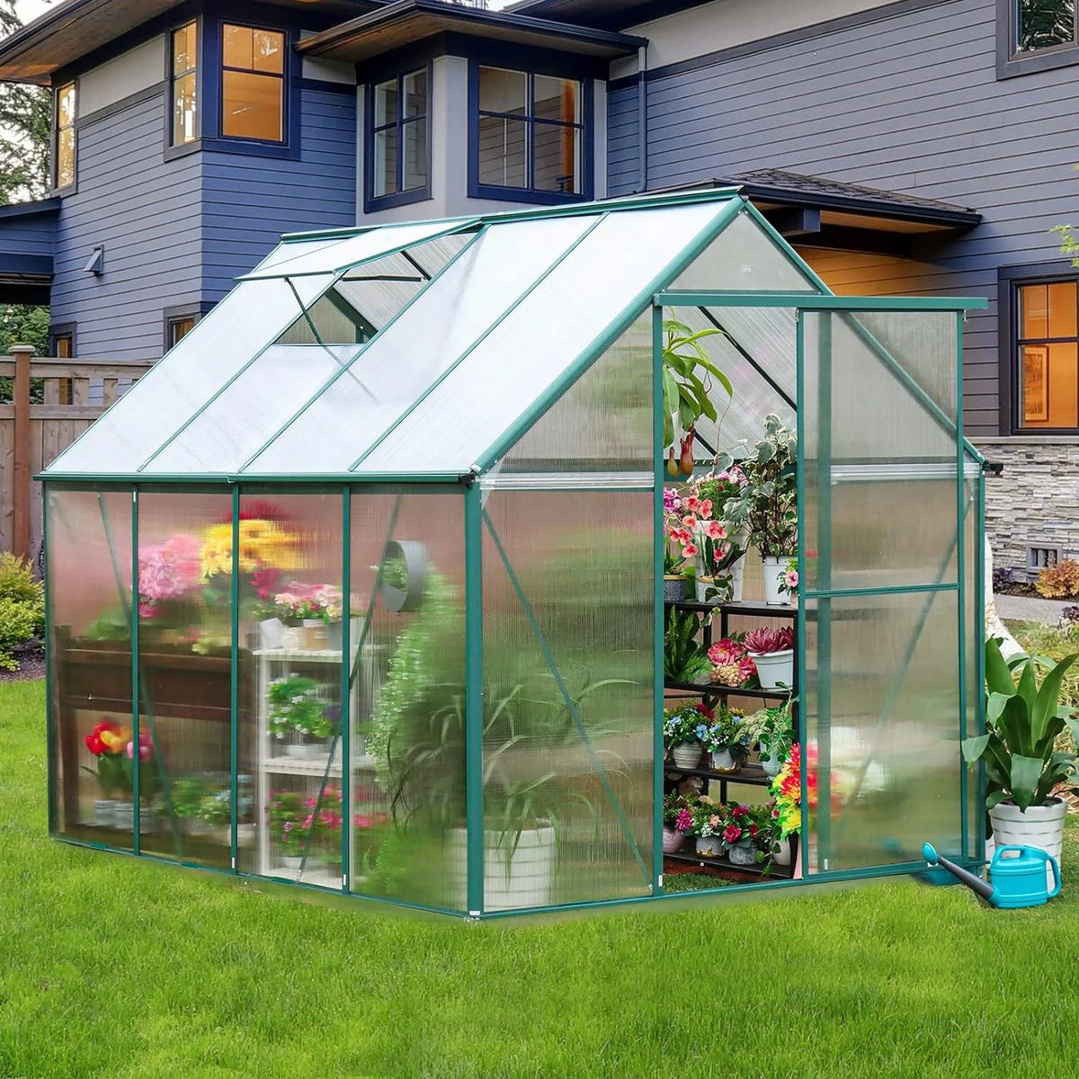 8x6FT Polycarbonate Walk in Greenhouse with Window & Sliding Door C9876