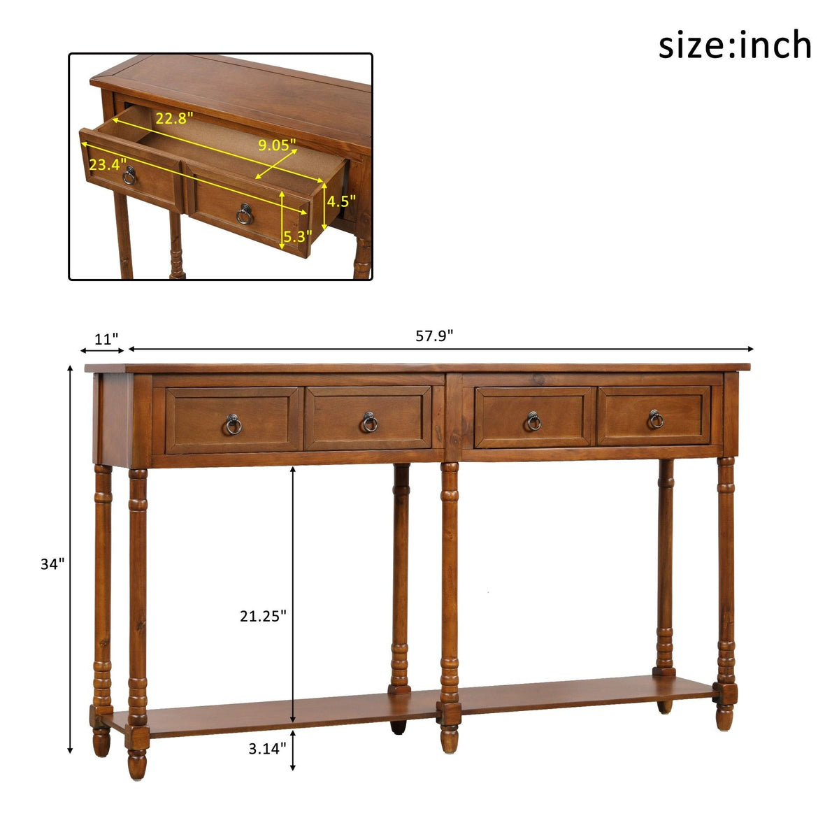 Walnut Rectangular Console Table with Drawers and Long Shelf M1209