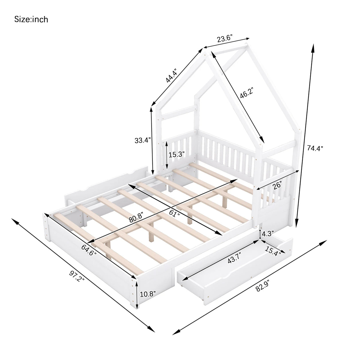Queen Size Wood Platform Bed Frame with Guardrail and 2 Storage Drawers I327