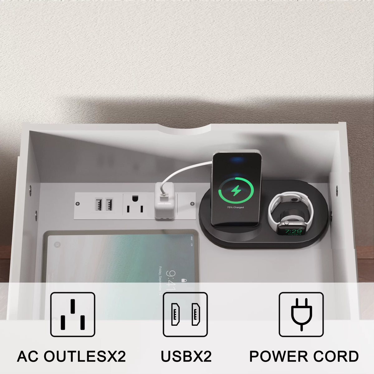White 2 Drawer Nightstand with Charging Ports S827901