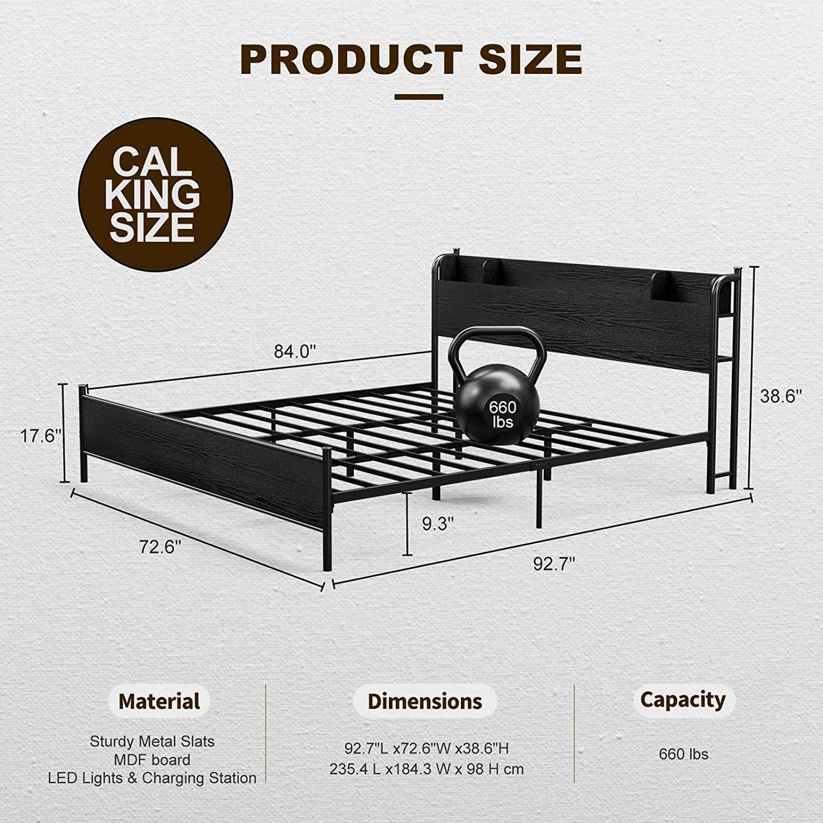 California King Metal and Wood Platform Bed Frame with Storage Shelf Headboard and Charging Station C964