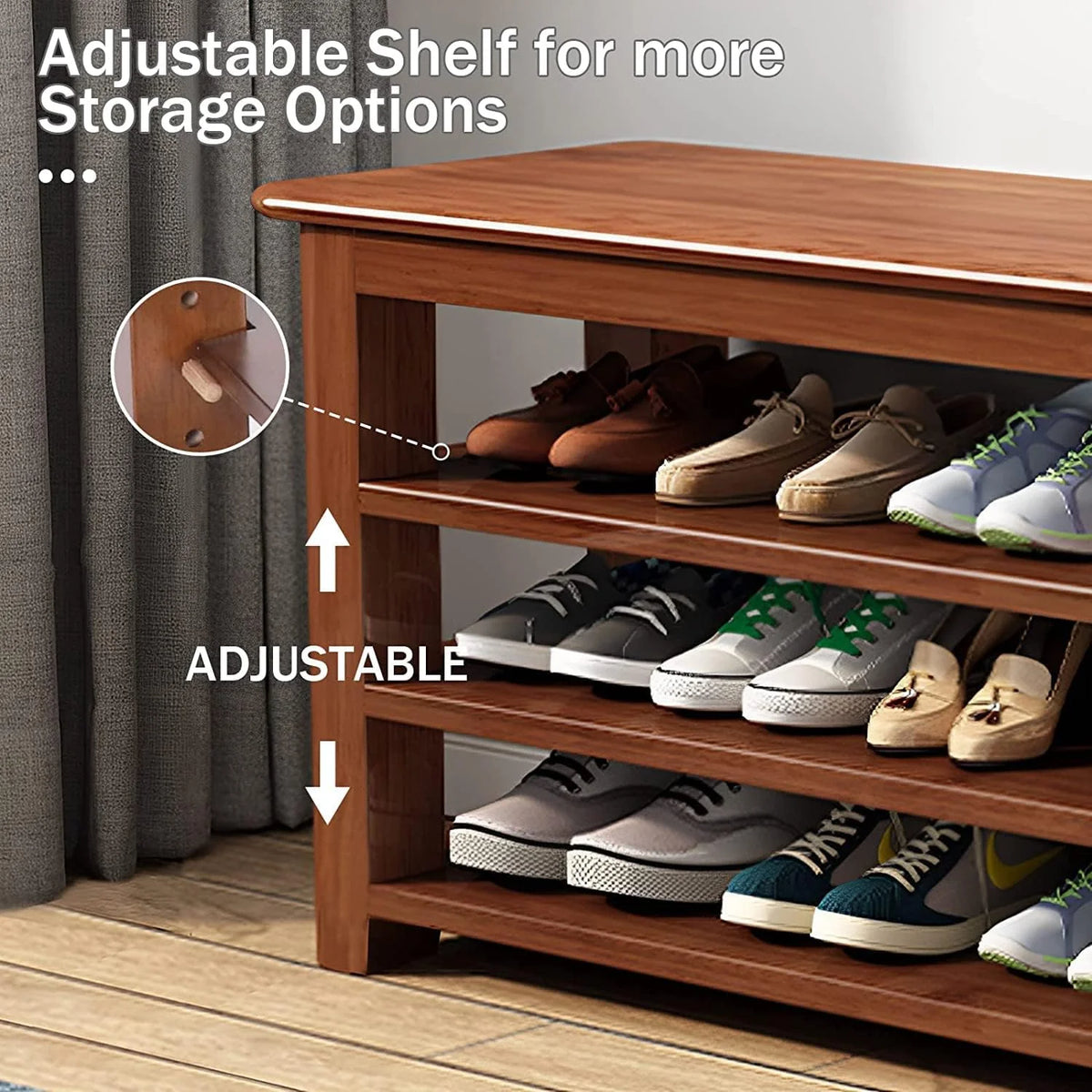 47.0" Adjustable Height 3 Layers Bamboo Shoe Storage Bench M958