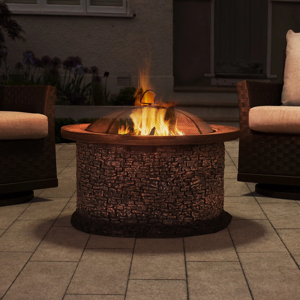 32 in. Stone Wood Burning Fire Pit with Steel Mesh Spark Screen and Fire Poker B1536