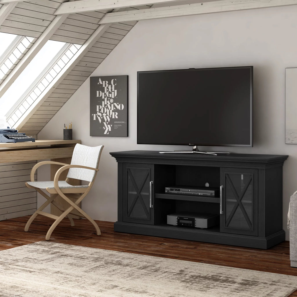 Black TV Stand with Two Side Cabinets and Open Shelves H967194