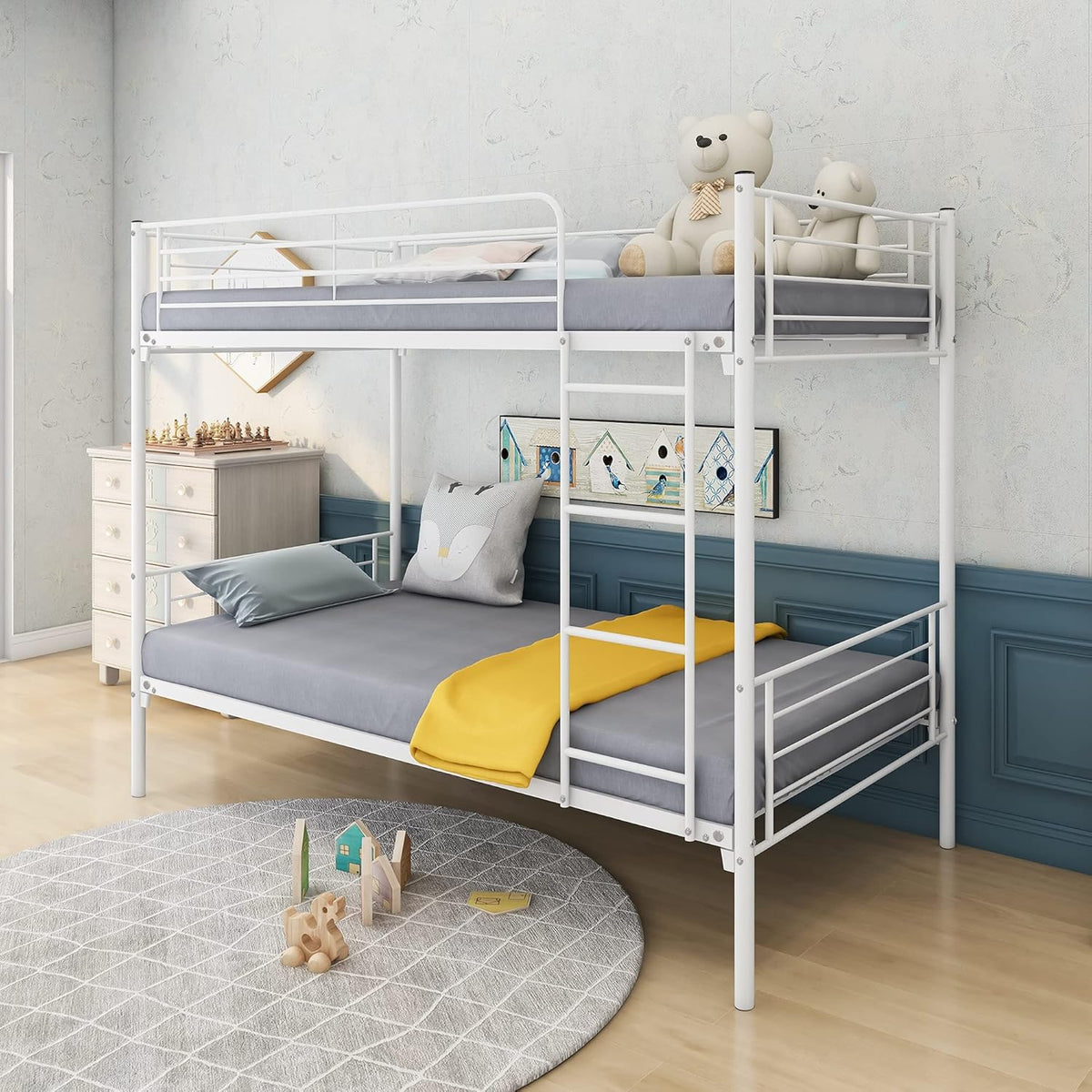 White Twin Over Twin Metal Bunk Bed Frame, Heavy Duty, Easy to Assemble I22489