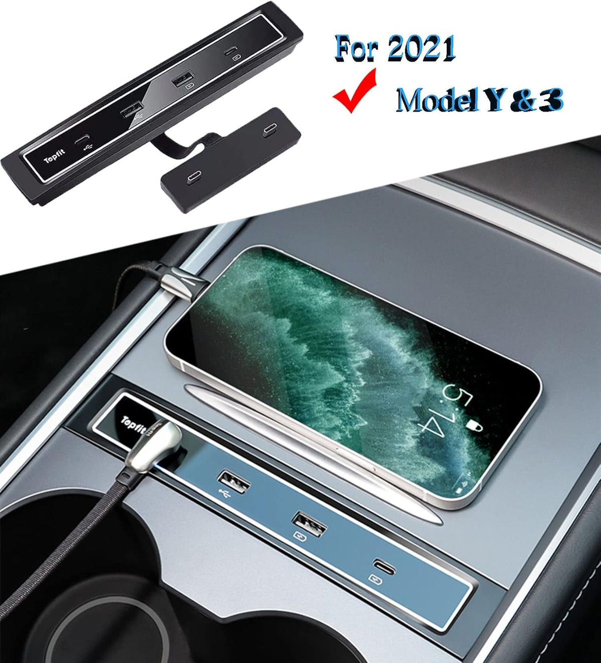 4 in 1 USB Hub Center Console Adapter for Tesla Model Y Model 3, Pack of 2 M1628