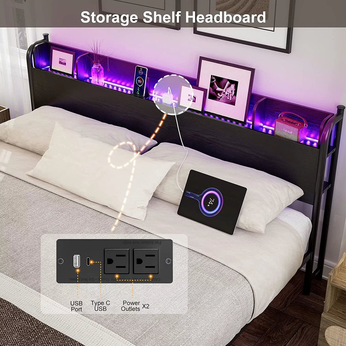 California King Metal and Wood Platform Bed Frame with Storage Shelf Headboard and Charging Station C964
