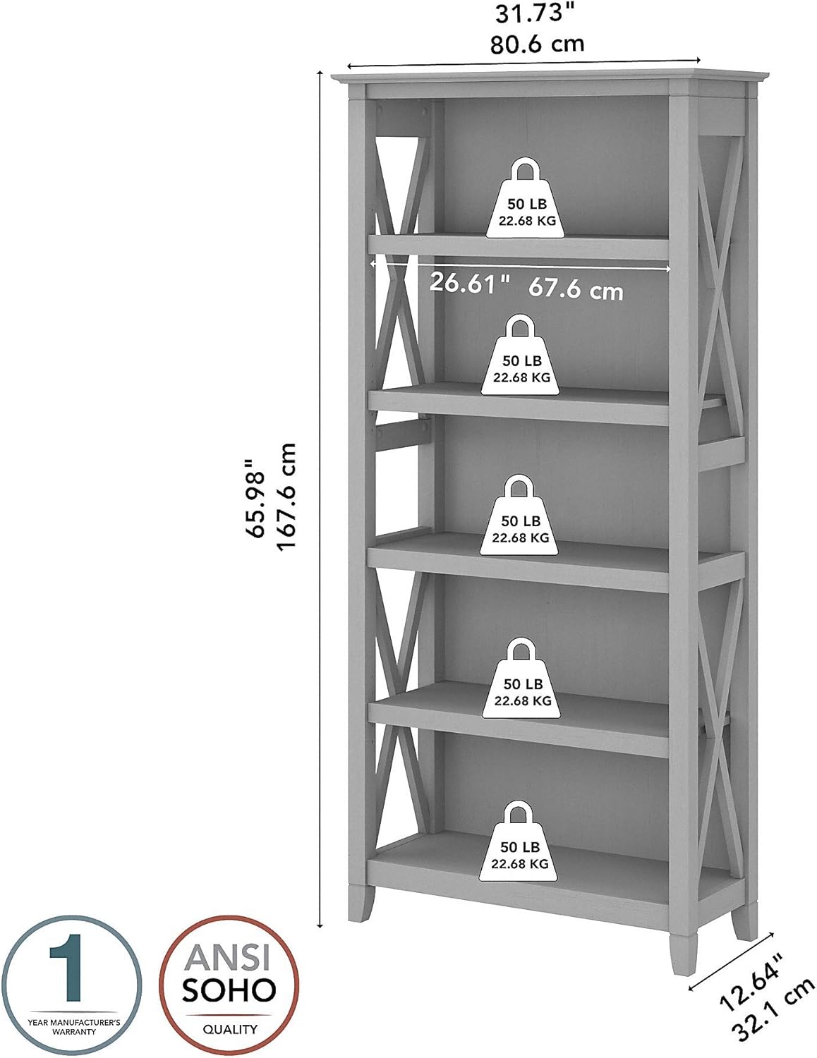 Tall 5 Shelf Bookcase, Cape Cod Gray P968