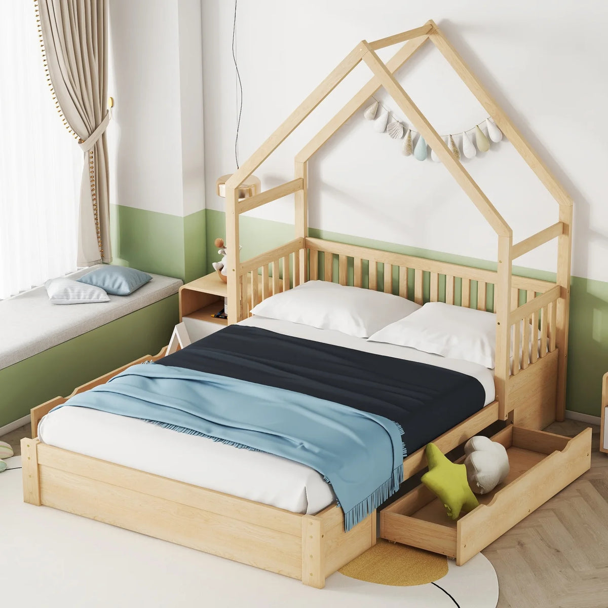 Queen Size Wood Platform Bed Frame with Guardrail and 2 Storage Drawers I327