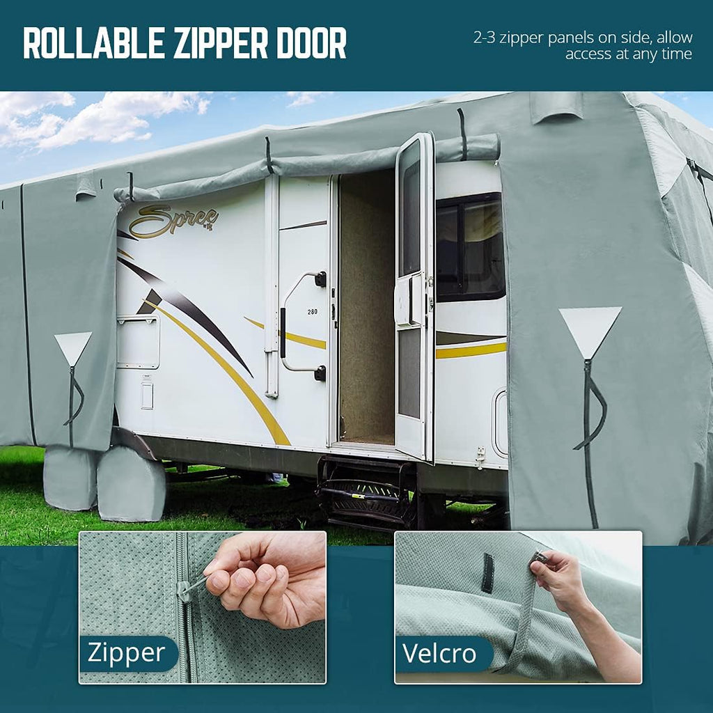 Extra-Thick 5 Layers Anti-UV Travel Trailer RV Cover with 2 Straps & 4 Tire Covers B287282