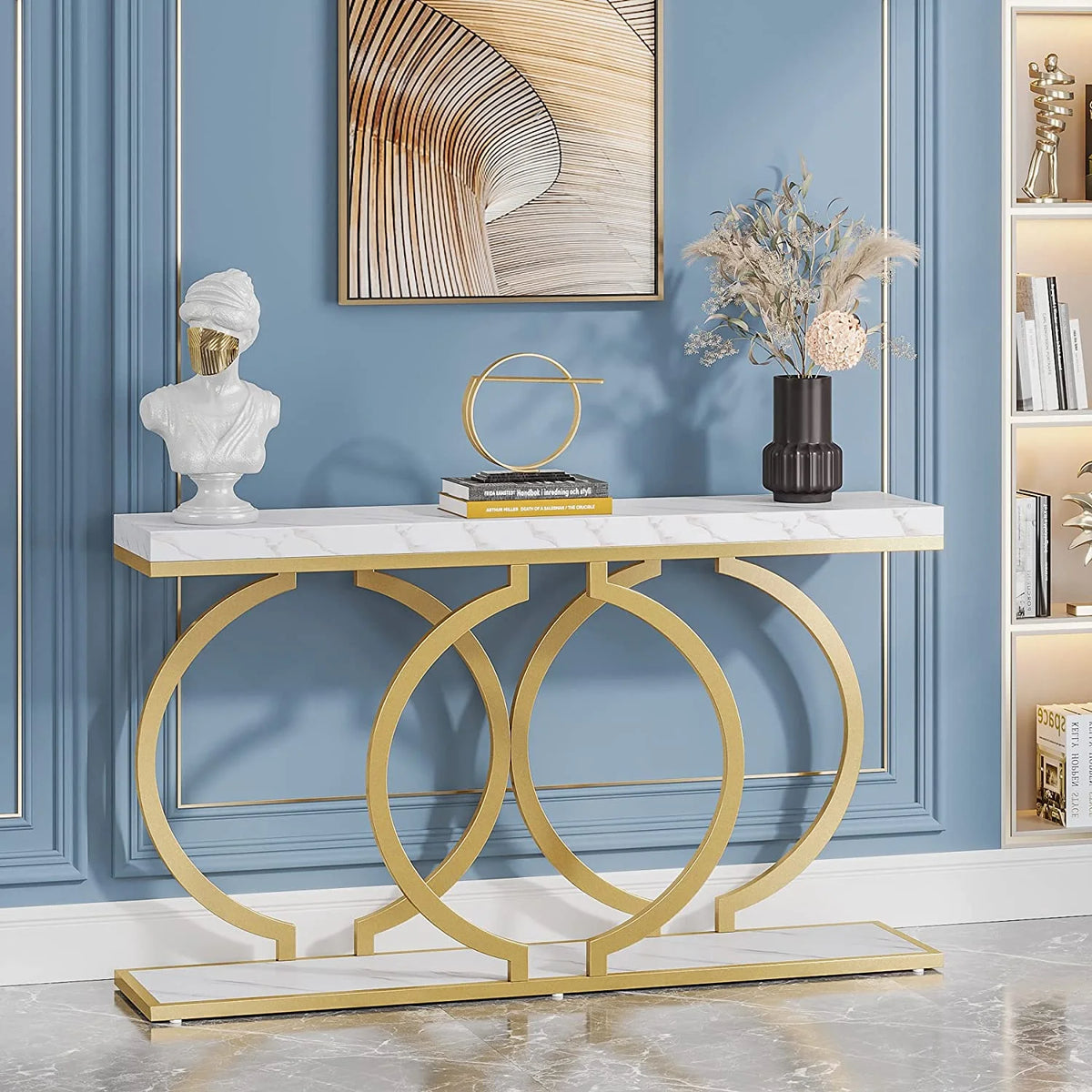 White & Gold Faux Marble Console Sofa Table J69760