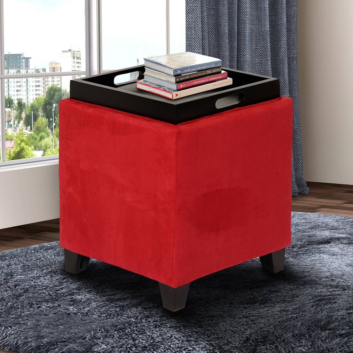 Red Microfiber Storage Ottoman P17662