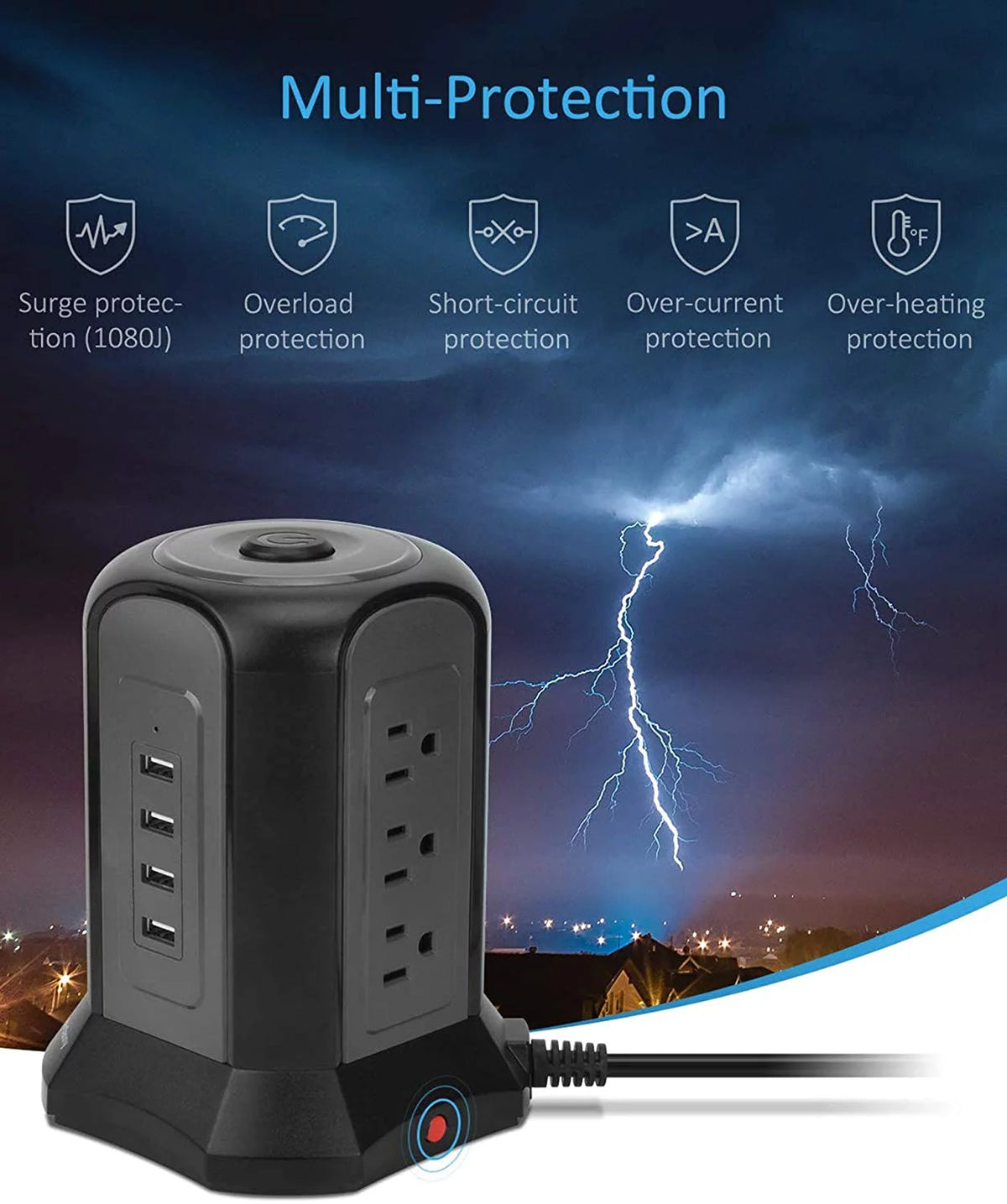 Black Surge Protector Power Strip Tower 9 Outlets 4 USB Port 10 ft Extension Cord O931