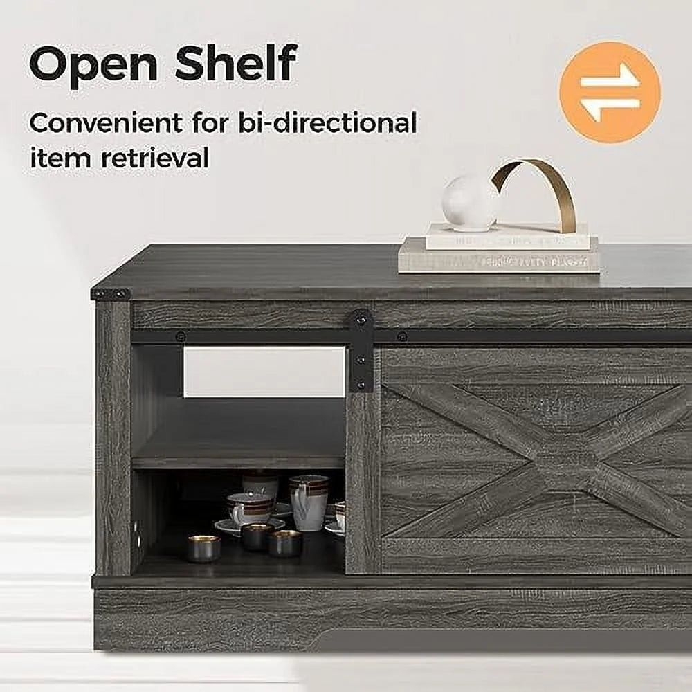 Light Grey 48'' Rustic Coffee Table with Sliding Barn Door Y14322