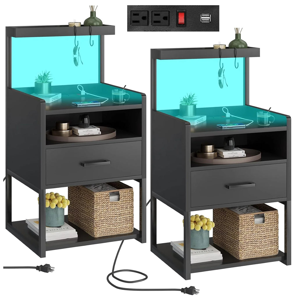 Black Set of 2 LED Nightstand with Charging Station and 1 Drawer X5541