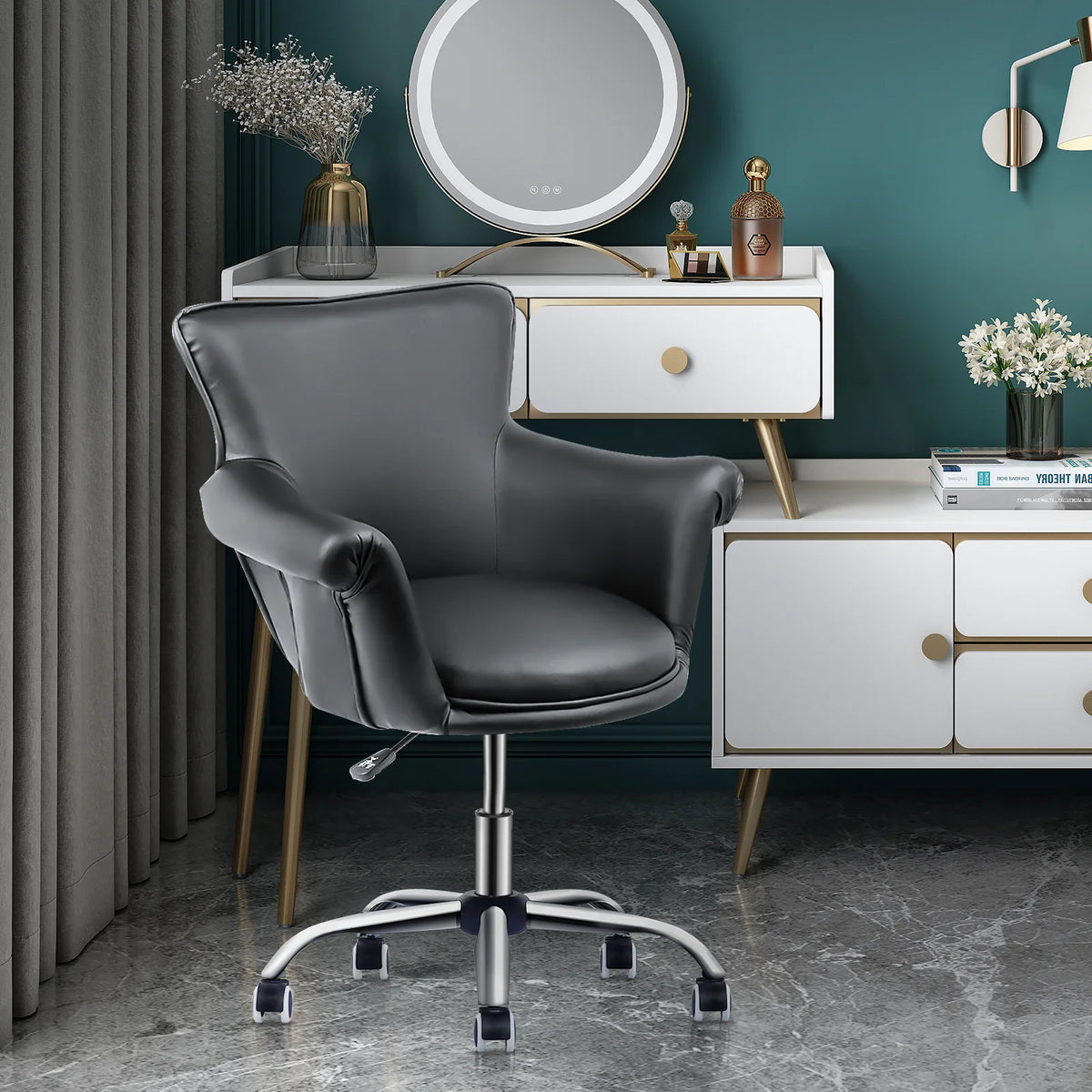 Black Upholstered Desk Chair with Wheels R90928