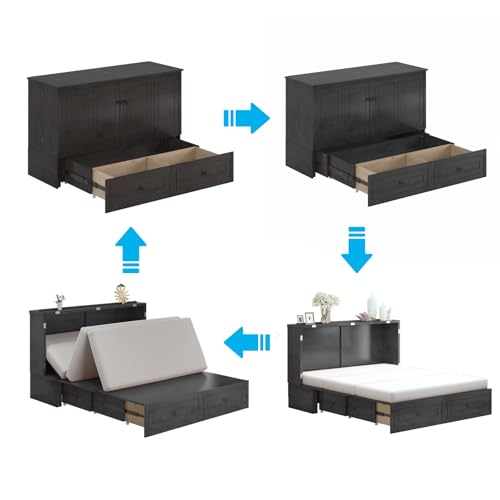 Queen Murphy Bed Cabinet with USB Charging Station and Storage Drawers I463