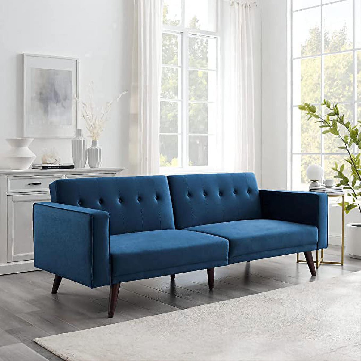 Deep Blue Velvet Futon Sofa Bed with Tapered Legs X58987