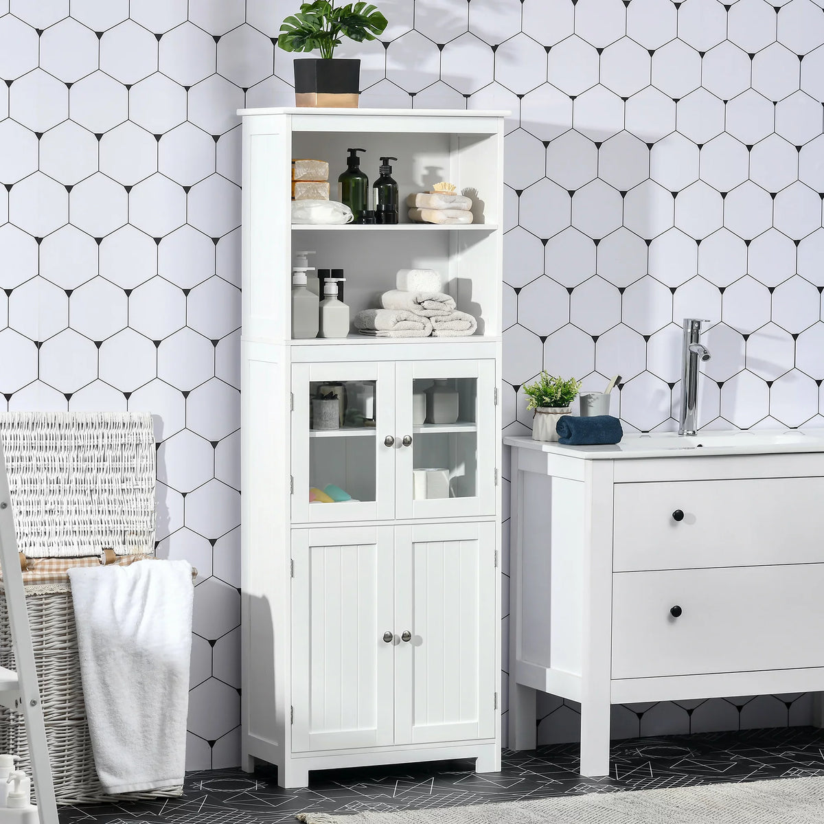 63" White 4-Door Storage Cabinet with Hutch O661