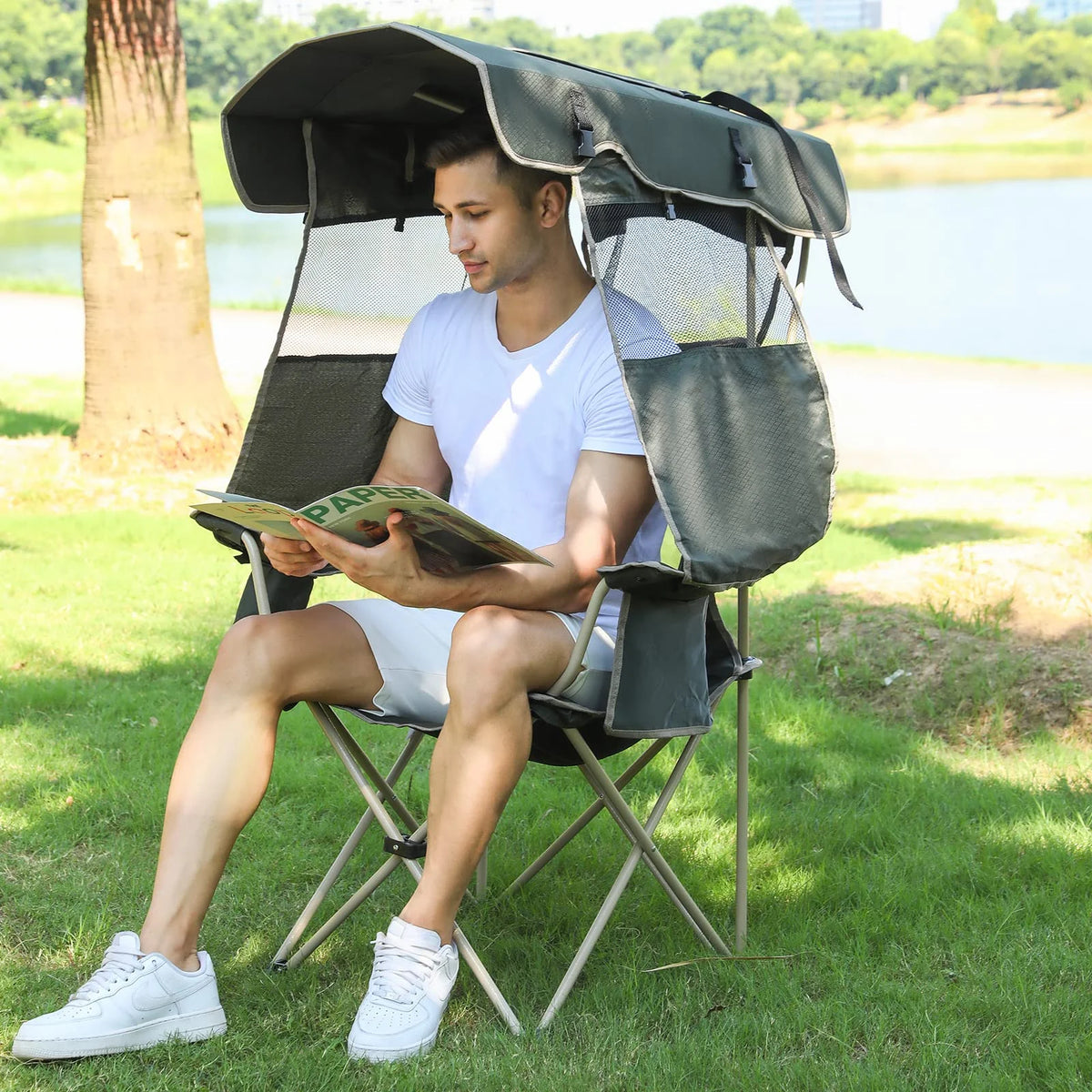 Army Green Folding Camping Chair with Shade Canopy E684