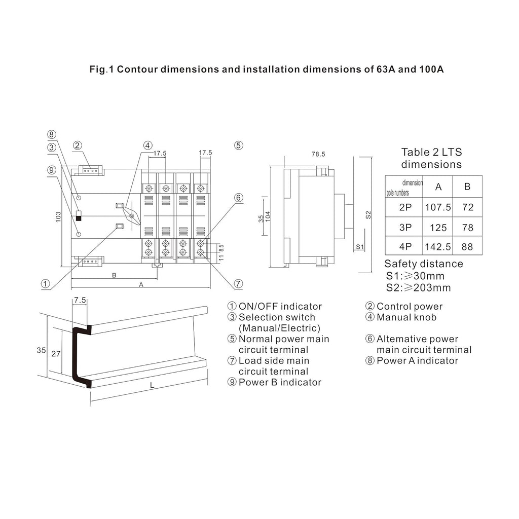 Mini ATS 2P Automatic Transfer Switch Dual Power Switch Din Rail Type 63A 100A U938