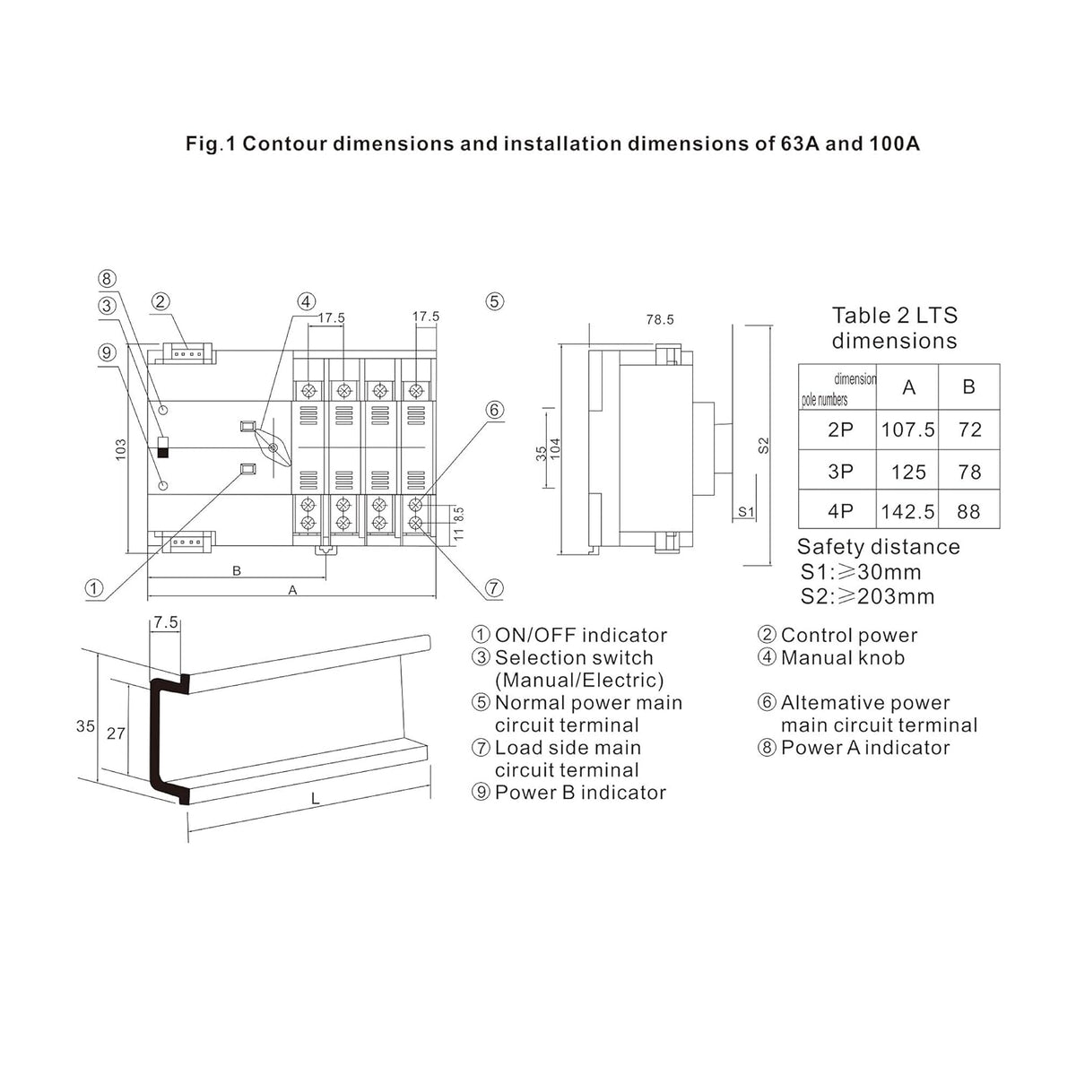 Mini ATS 2P Automatic Transfer Switch Dual Power Switch Din Rail Type 63A 100A U938
