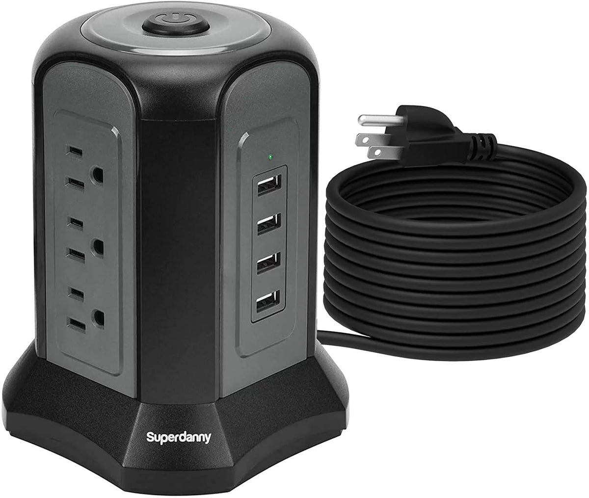 Black Surge Protector Power Strip Tower 9 Outlets 4 USB Port 10 ft Extension Cord O931