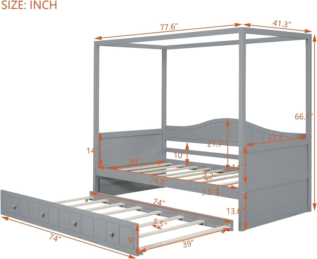 Gray Wooden Canopy Bed with Trundle L514