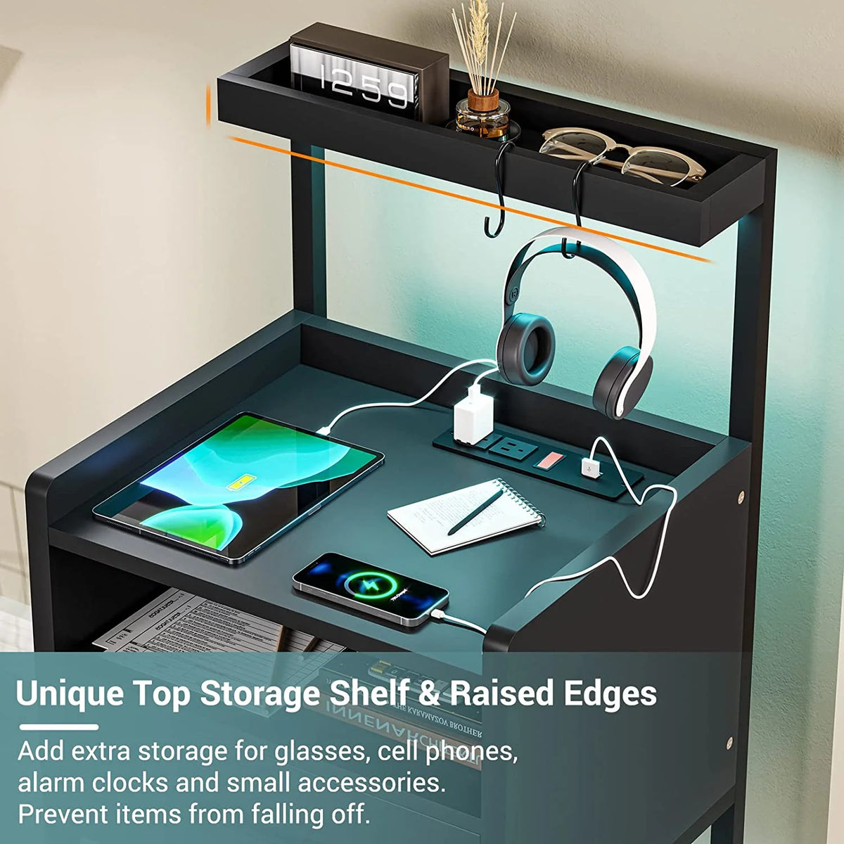 Black Set of 2 LED Nightstand with Charging Station and 1 Drawer X5541