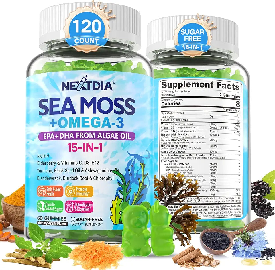 Sea Moss Gummies with Ashwagandha Turmeric Elderberry Vitamins D3 B12 Burdock Root Bladderwrack 120Cts V71015