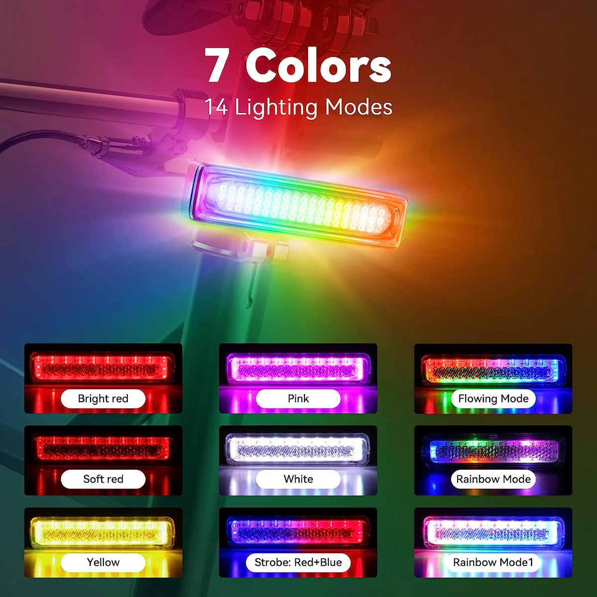 USB-C Rechargeable LED Bicycle Rear Light, Waterproof, 7 Colors 14 Modes C164935