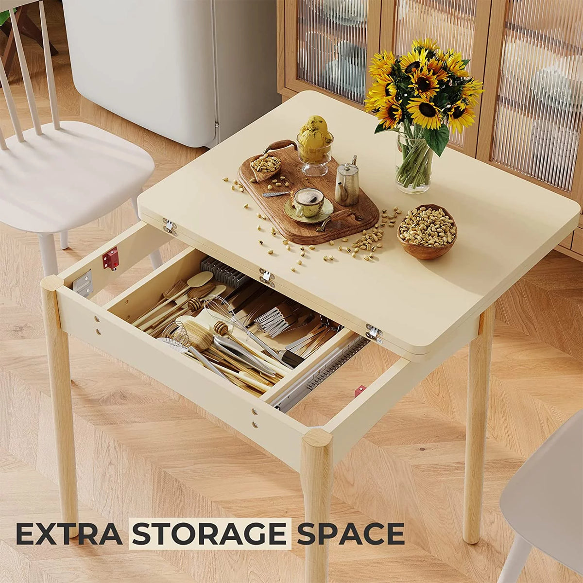 Folding Dining Table with Hidden Storage, Beige I7890