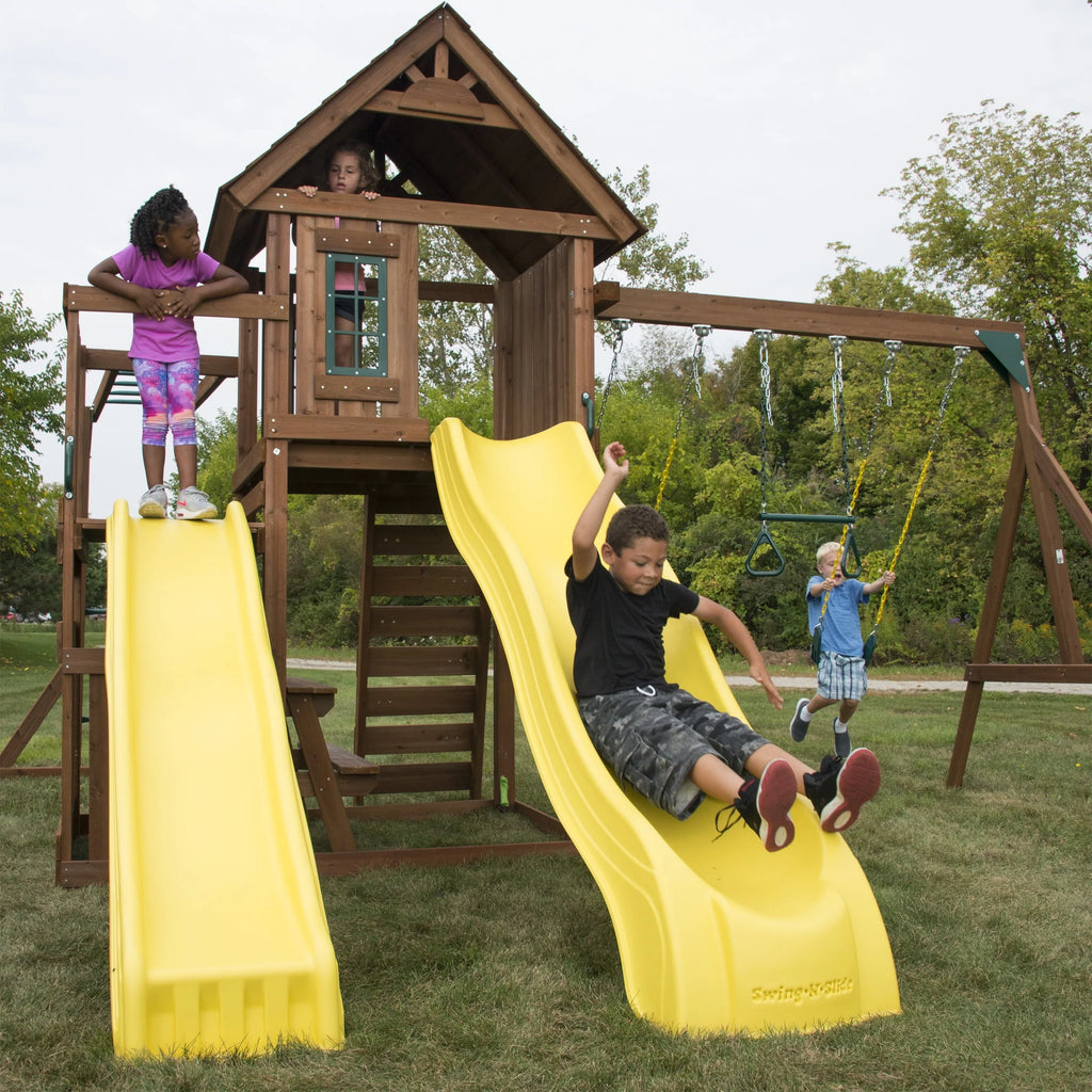 Wooden Backyard Swing Set with Two Yellow Wave Slides J4372