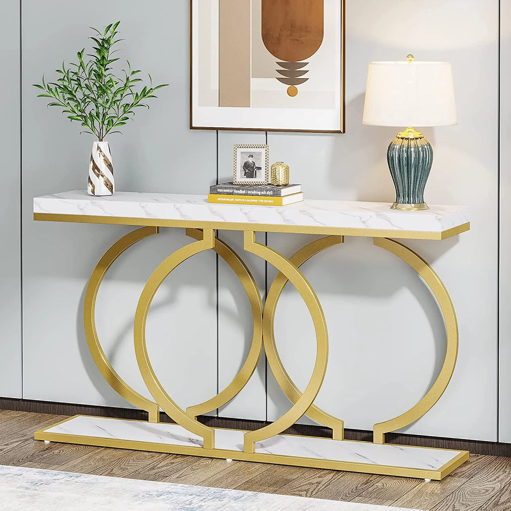 White & Gold Faux Marble Console Sofa Table J69760
