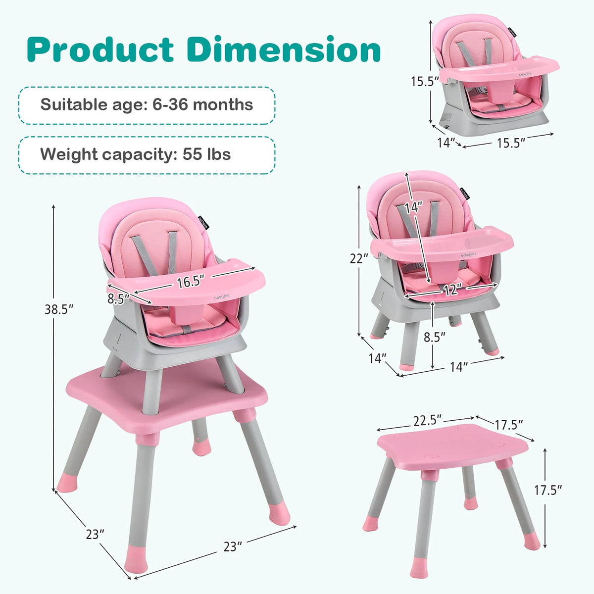 8-in-1 Convertible High Chair Booster Seat with Removable Tray Yellow S344902