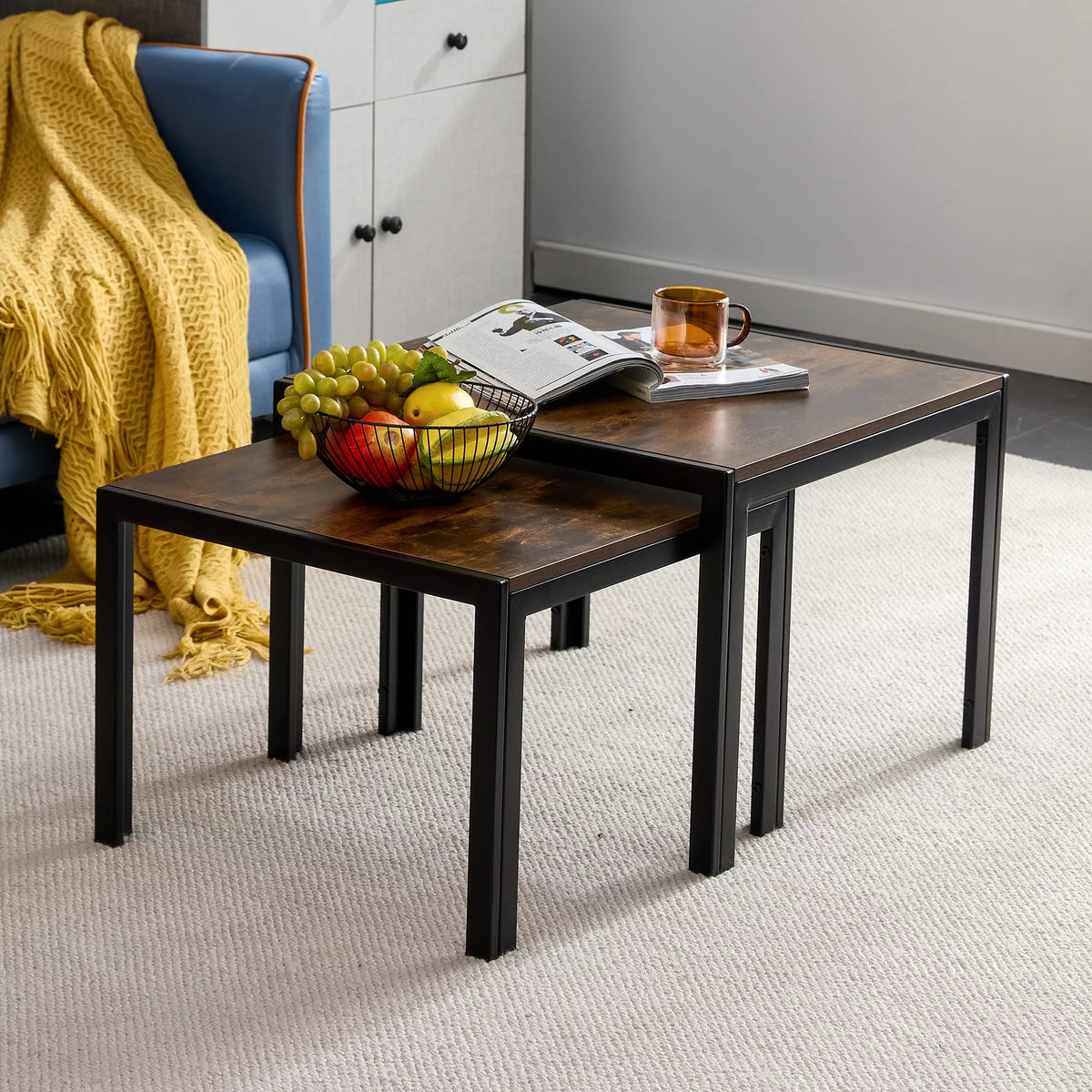 Square Nesting Coffee Table Set of 2 Wood Finish Metal Frame S201567