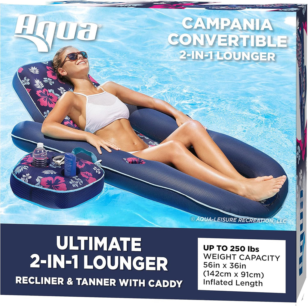 Navy Aqua White Stripe Inflatable Pool Float Lounge with Sunshade Canopy and Cupholder G505195
