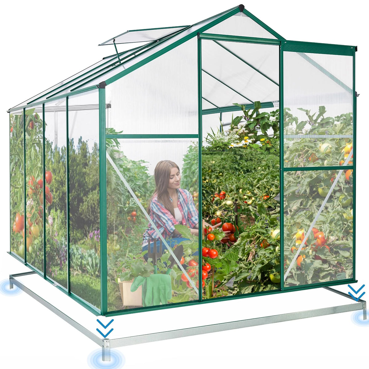 8x6FT Polycarbonate Walk in Greenhouse with Window & Sliding Door C9876