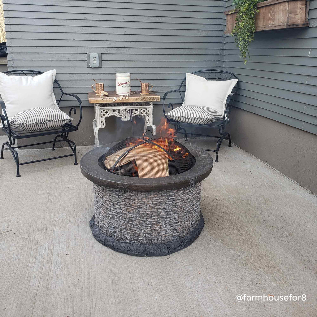 32 in. Stone Wood Burning Fire Pit with Steel Mesh Spark Screen and Fire Poker B1536