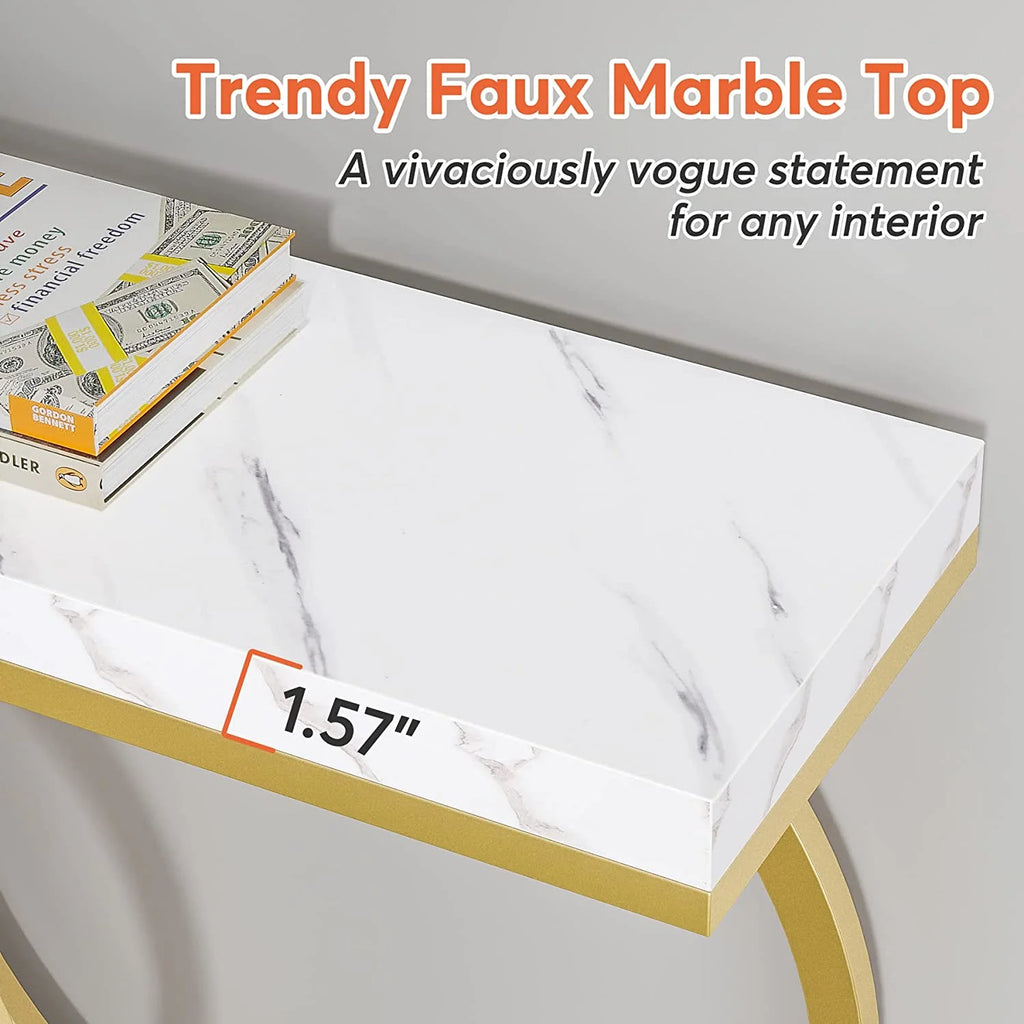 White & Gold Faux Marble Console Sofa Table J69760