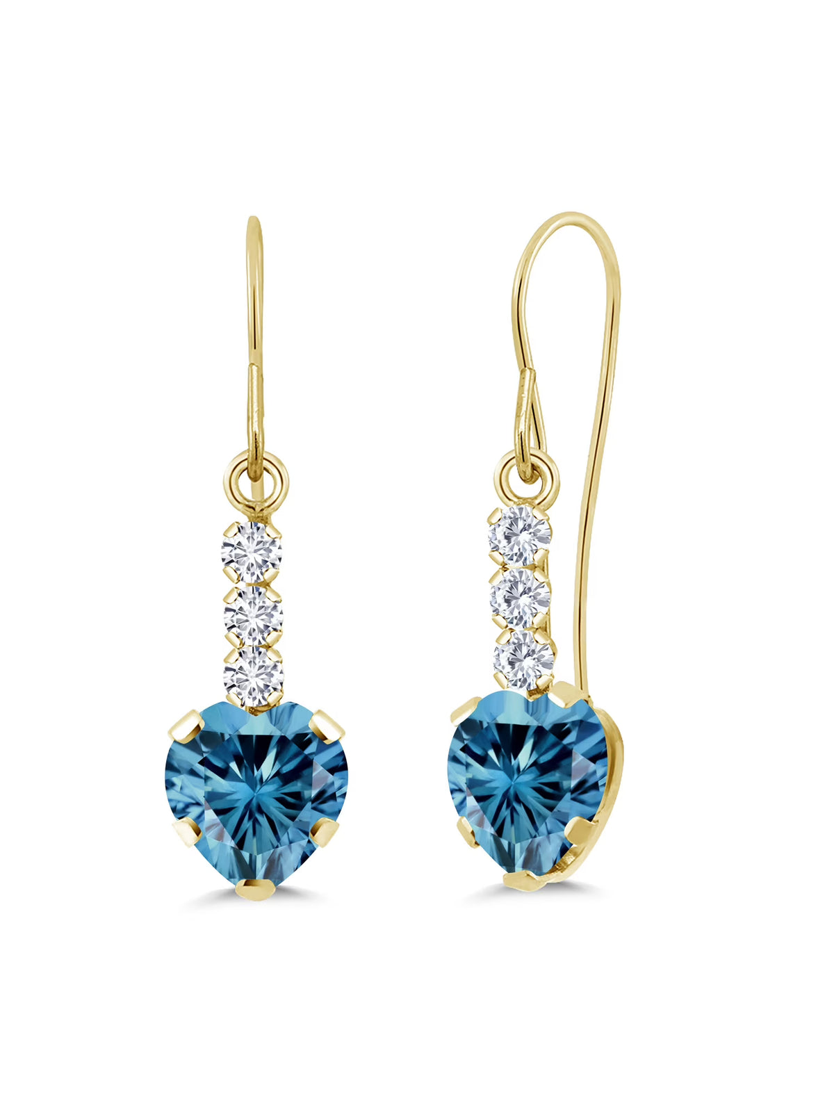 14K Yellow Gold Persian Blue Moissanite and White Lab Grown Diamond French Wire Dangle Hook Earrings Z6999