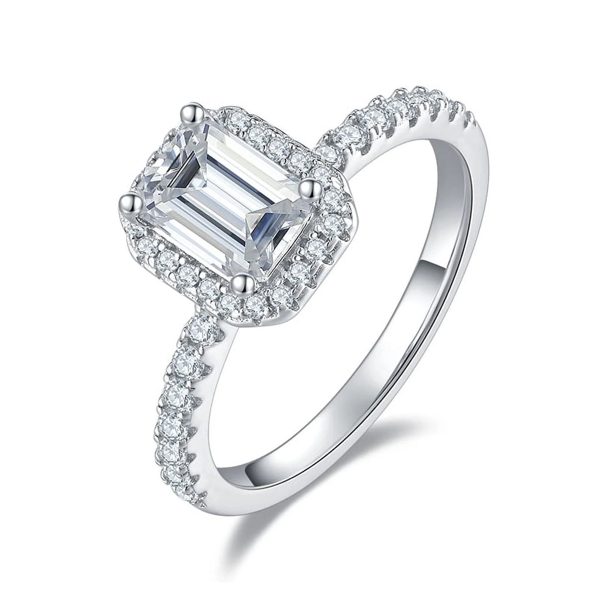 18k White Gold over Silver Emerald Cut Moissanite Engagement Ring Y3417