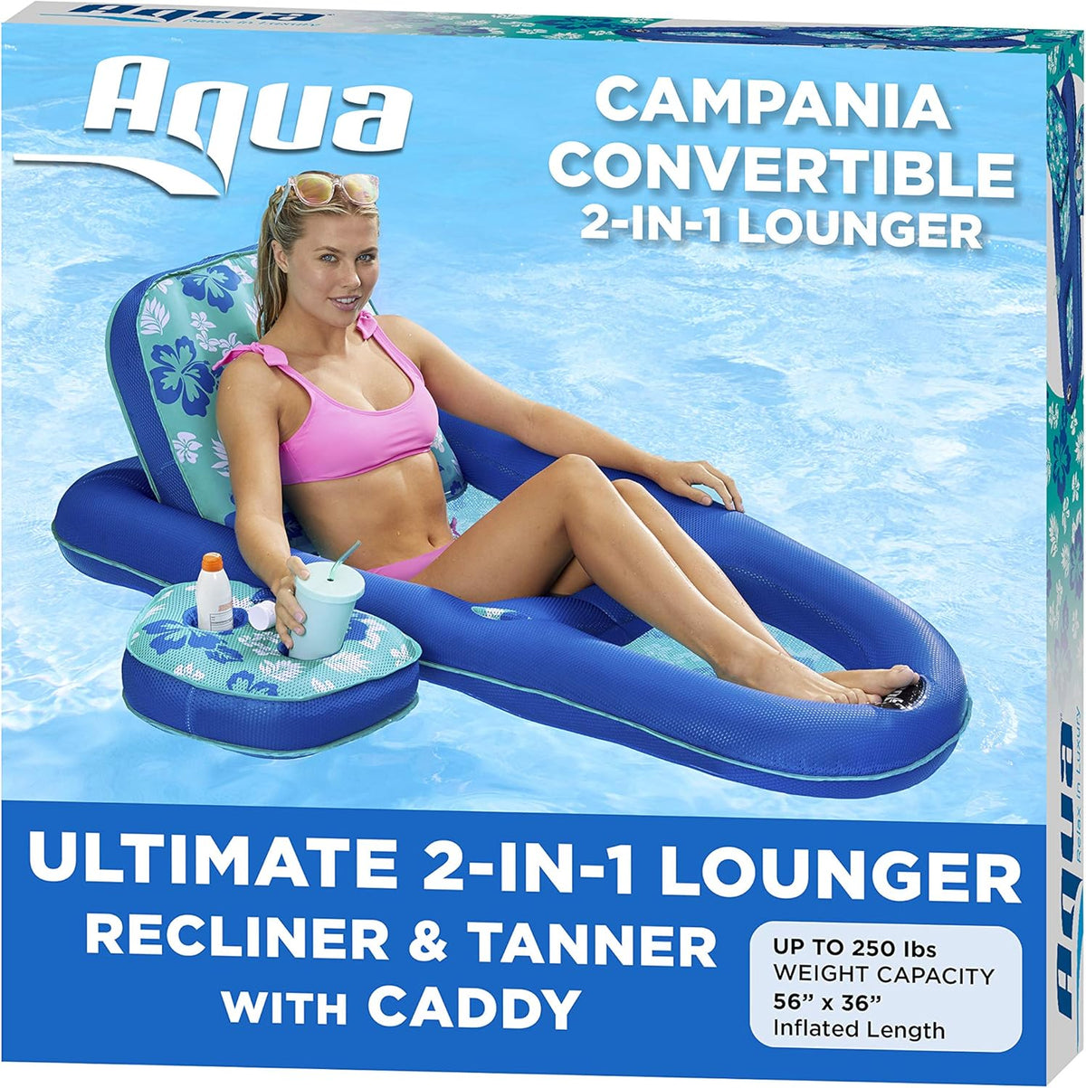 Navy Aqua White Stripe Inflatable Pool Float Lounge with Sunshade Canopy and Cupholder G505195